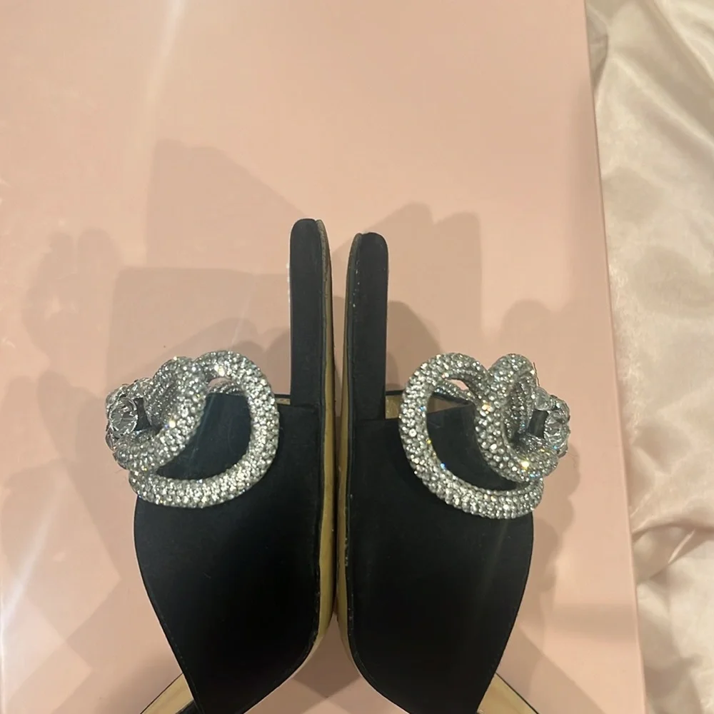 MACH & MACH Double Bow embellished satin mules